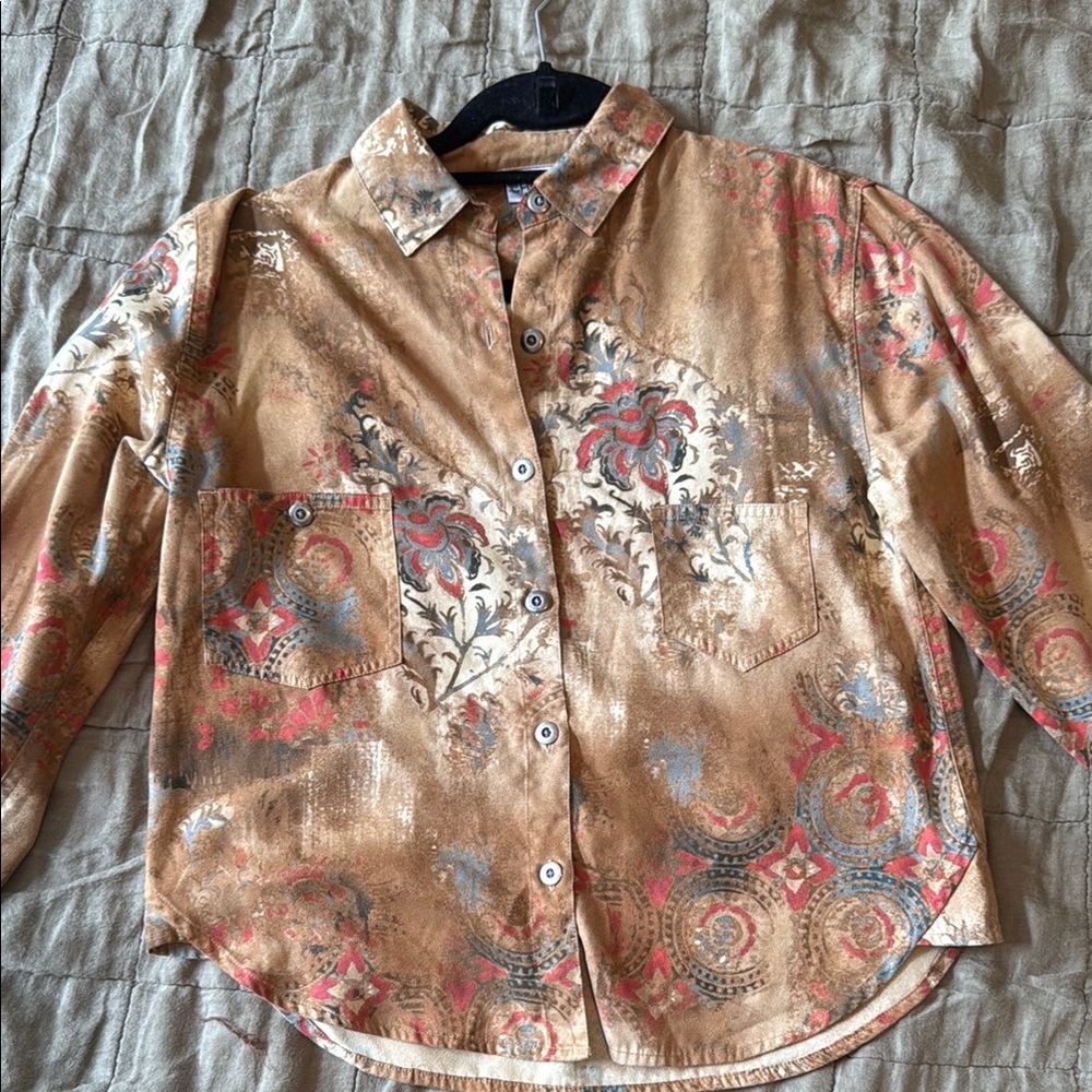 Chico's Tan Floral Paisley Button-Down Shirt